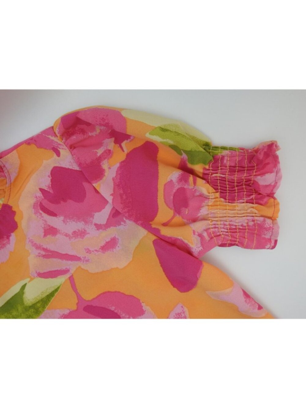 Les Amis Floral Blouse Medium Orange Pink Puff Sleeve Smocked Ruffle Top - Picture 6 of 10